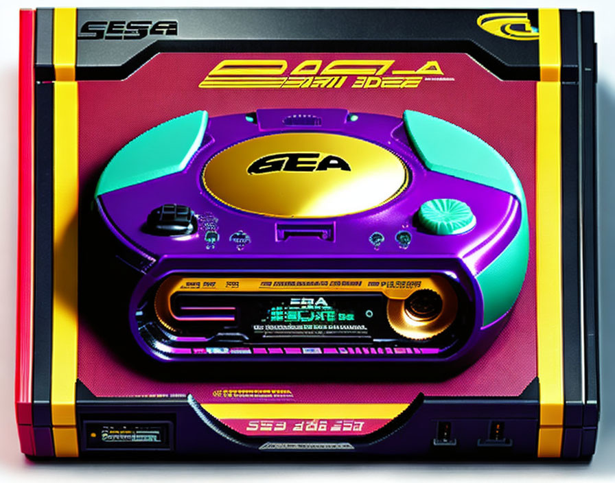 Colorful retro-style illustration of fictional SESA 32-bit gaming console with CD slot, control buttons