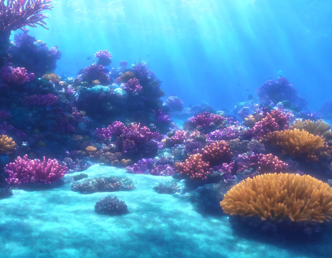 Colorful Coral Reef Illuminated by Sunbeams Underwater