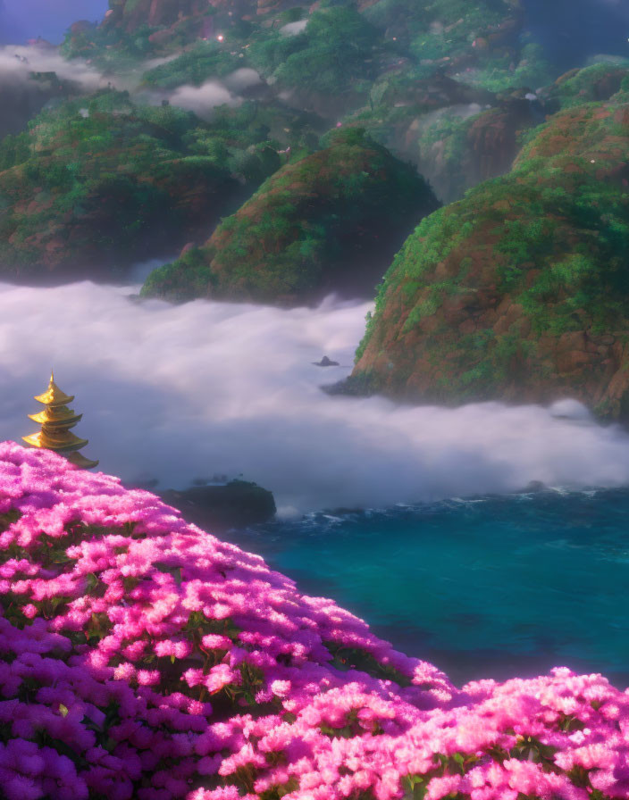 Scenic landscape with pink flowers, clouds, greenery, and distant pagoda