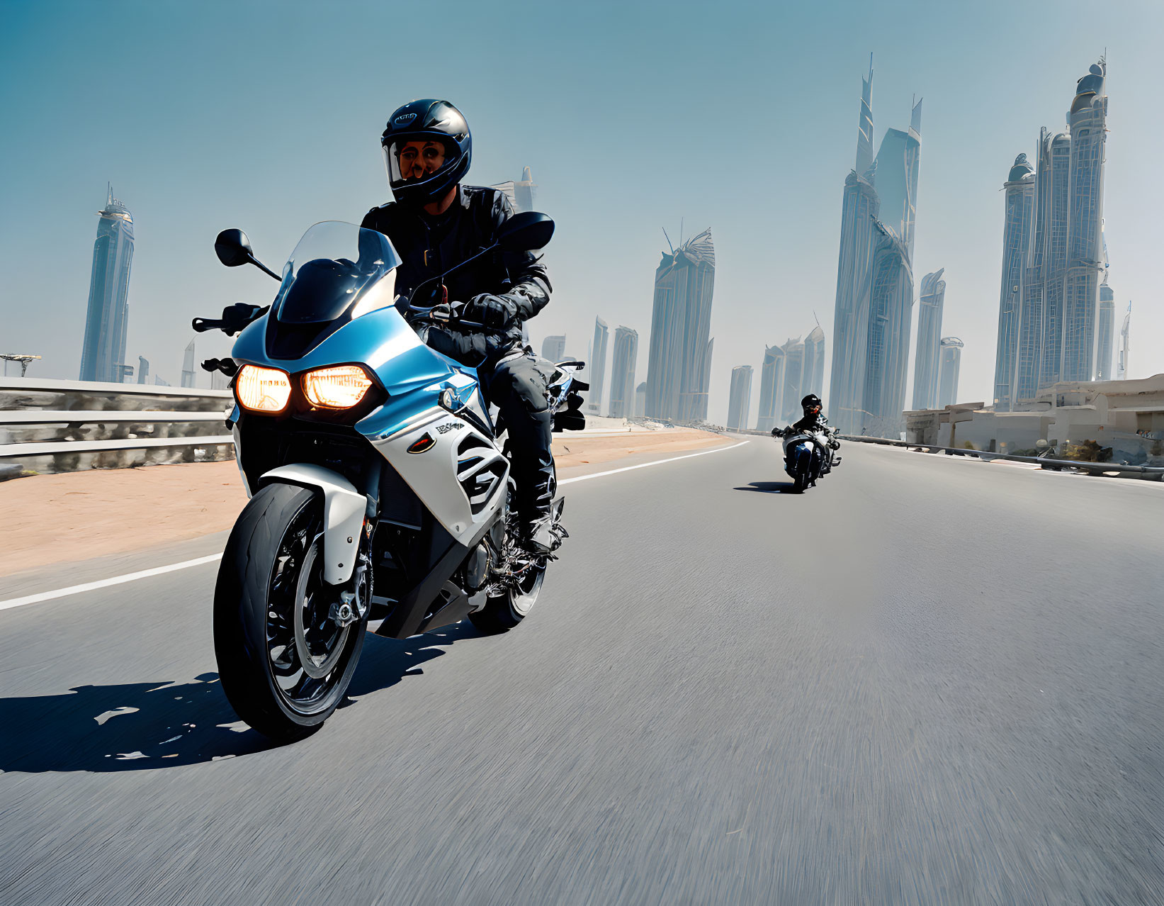 Motorcyclists on highway with city skyline and clear sky