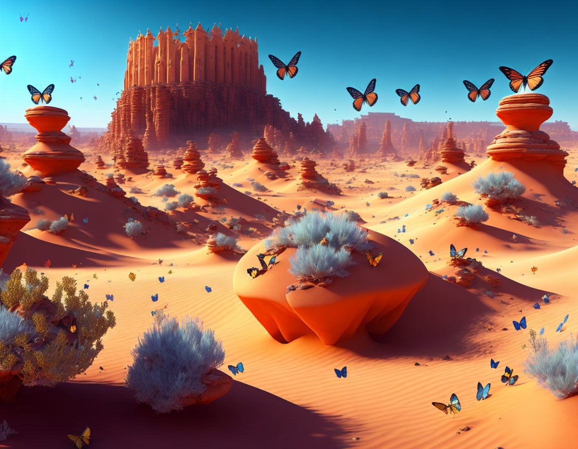 Vibrant desert landscape with castle, orange sands, rock formations, and butterflies