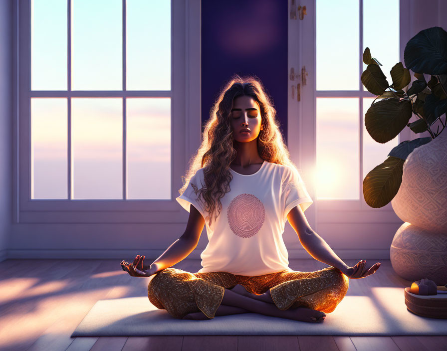 Person meditating in serene room with purple-hued sunset view