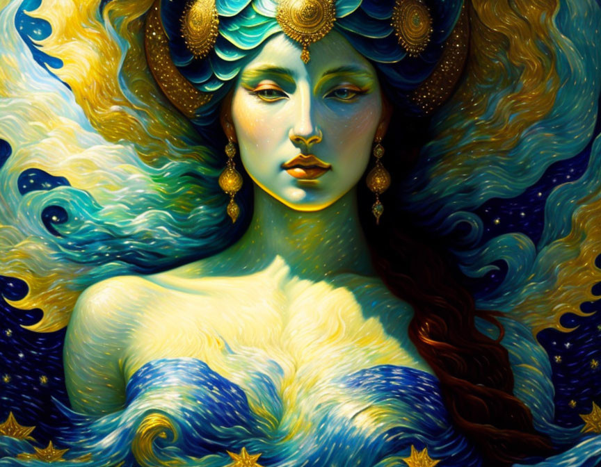 Illustrated female figure with golden headdress and starry blue hair in celestial theme