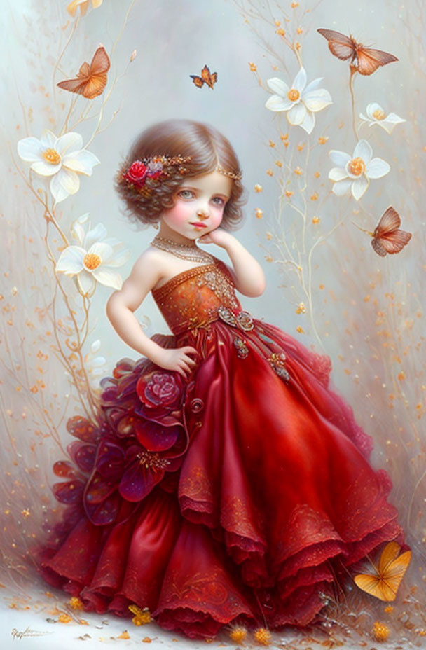 Illustration of young girl in red gown with flowers and butterflies, exuding fairytale charm