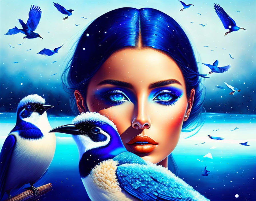 Colorful artwork: Woman with blue hair and eyes, blue birds under starry sky