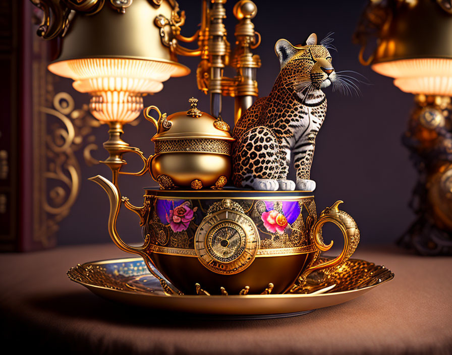 Opulent Setting with Golden Teapot, Leopard Sculpture, and Intricate Lamps