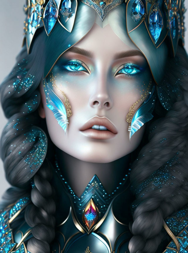 Digital artwork of a woman in ornate blue and gold armor with feather accents