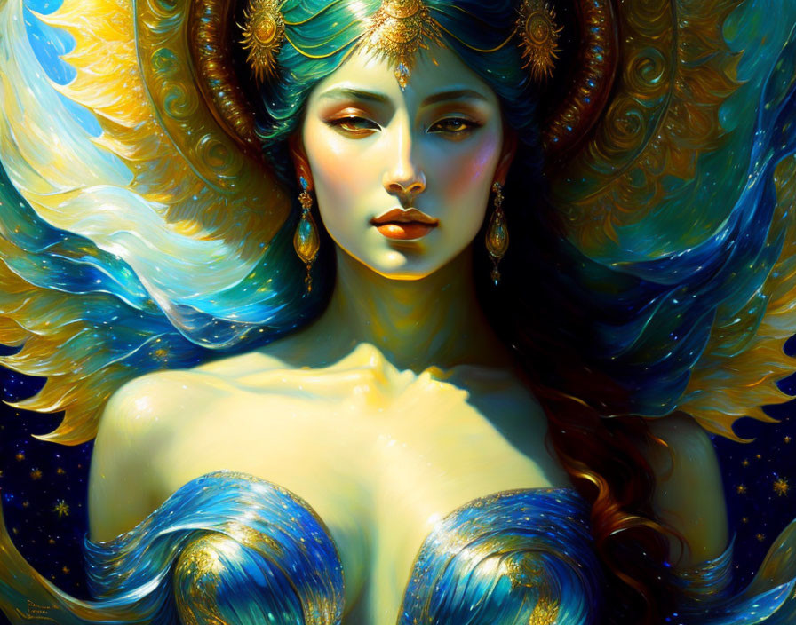 Elaborate gold headpiece on woman with starry blue hair against vibrant gold and azure backdrop