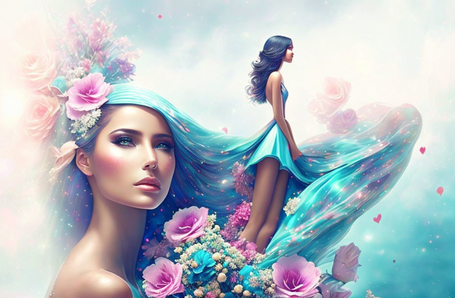 Fantastical digital art: Two women in flowing dresses among vivid flowers and floating hearts