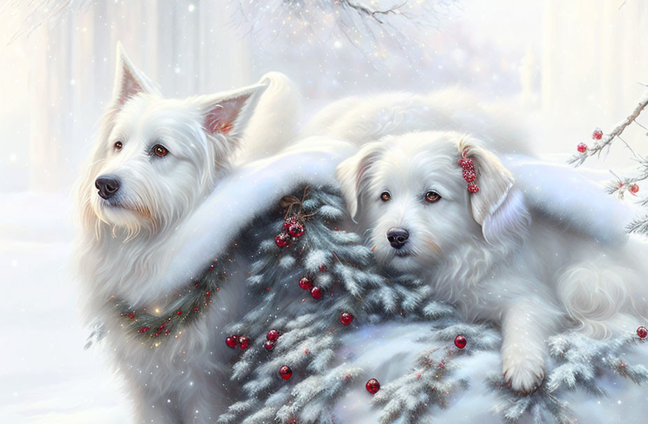 Two white dogs in snowy scene with pine branch and red berries.