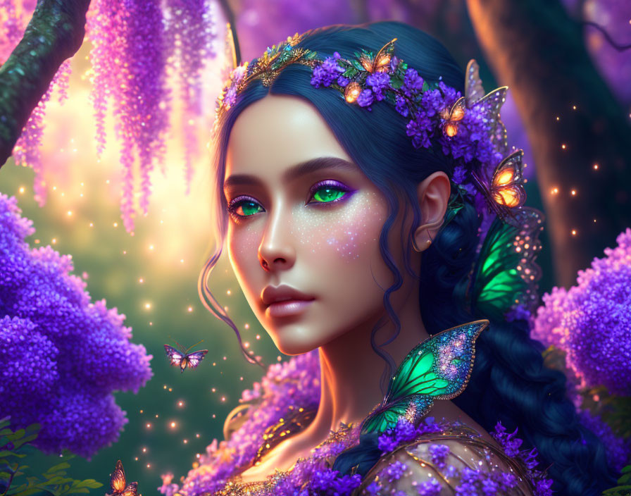 Fantasy portrait of a woman with vibrant green eyes and floral motifs in lush purple foliage