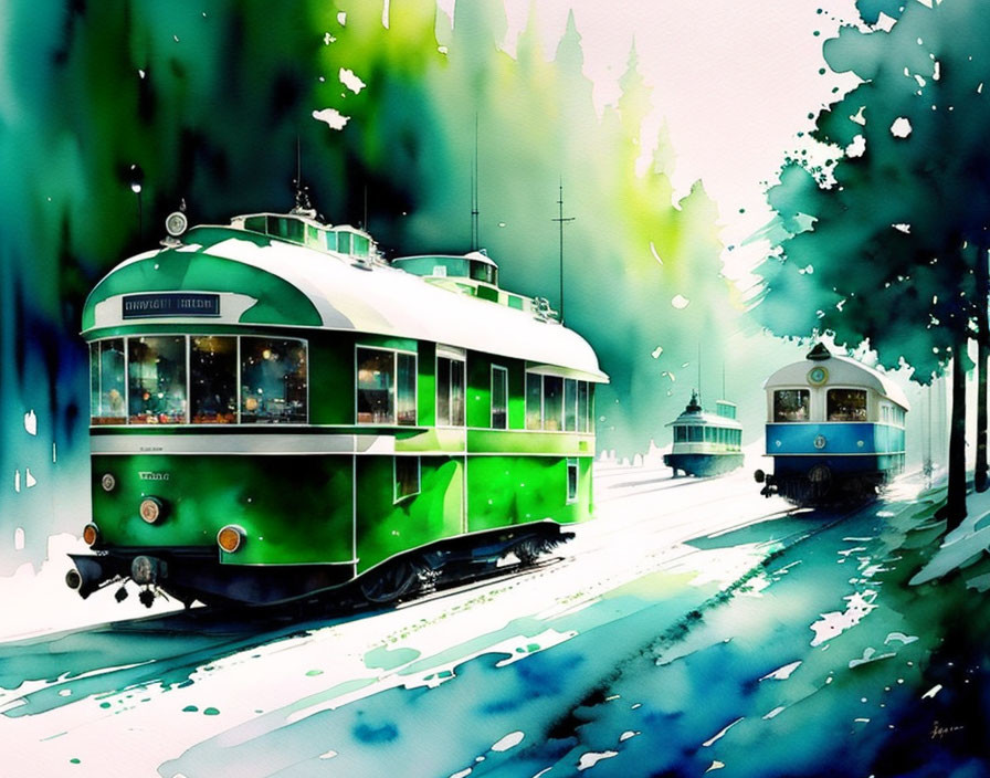 Vintage trams on snow-covered tracks in abstract winter scene