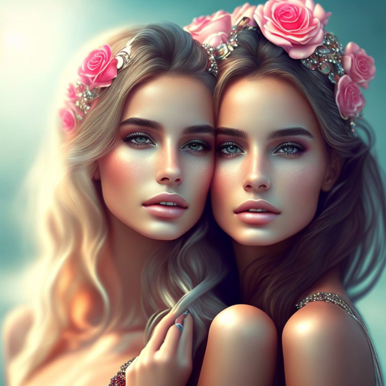 Symmetrical digital art of twin women with blond hair and floral crowns