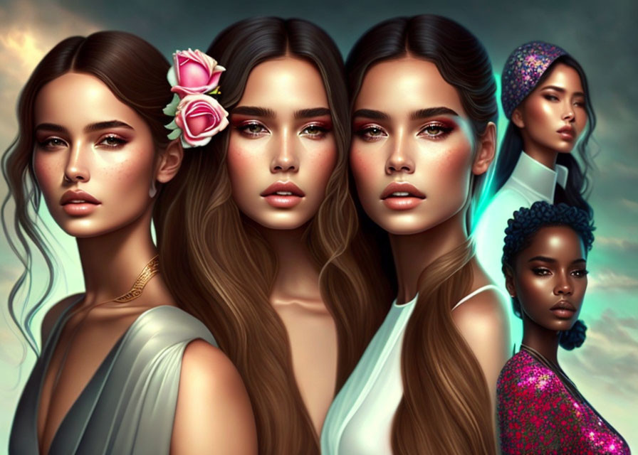 Illustrated women with diverse features and stylish hair in harmonious fashion composition