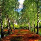 Tranquil landscape painting with boat, red water lilies, willow trees, and figures