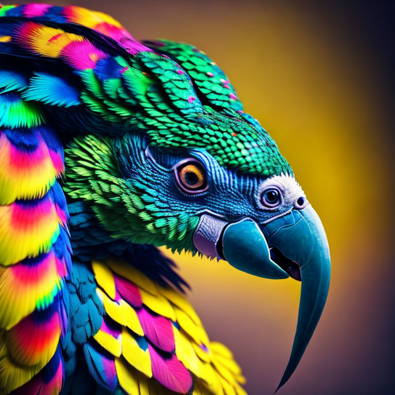 Colorful Parrot with Intricate Feathers and Curved Beak on Yellow Background