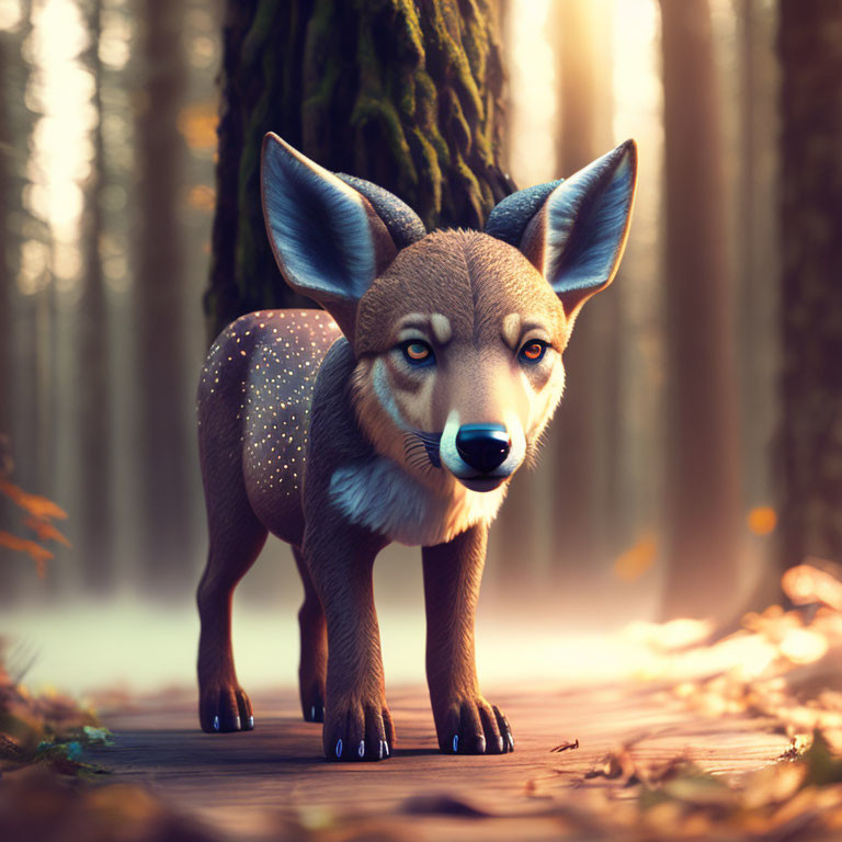 Digital Art: Whimsical Fox with Large Ears in Sunlit Forest