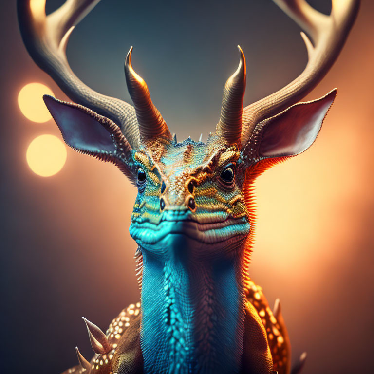 Blue-Scaled Dragon Creature with Yellow Eyes and Antlers on Amber Background