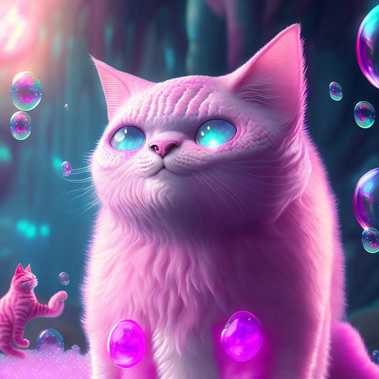 Pink whimsical cat with blue eyes in mystical forest with bubbles and orbs