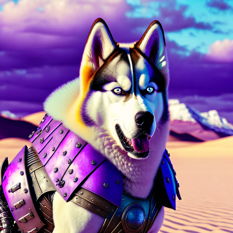 Colorful Digital Artwork: Husky in Armor on Purple Desert Landscape