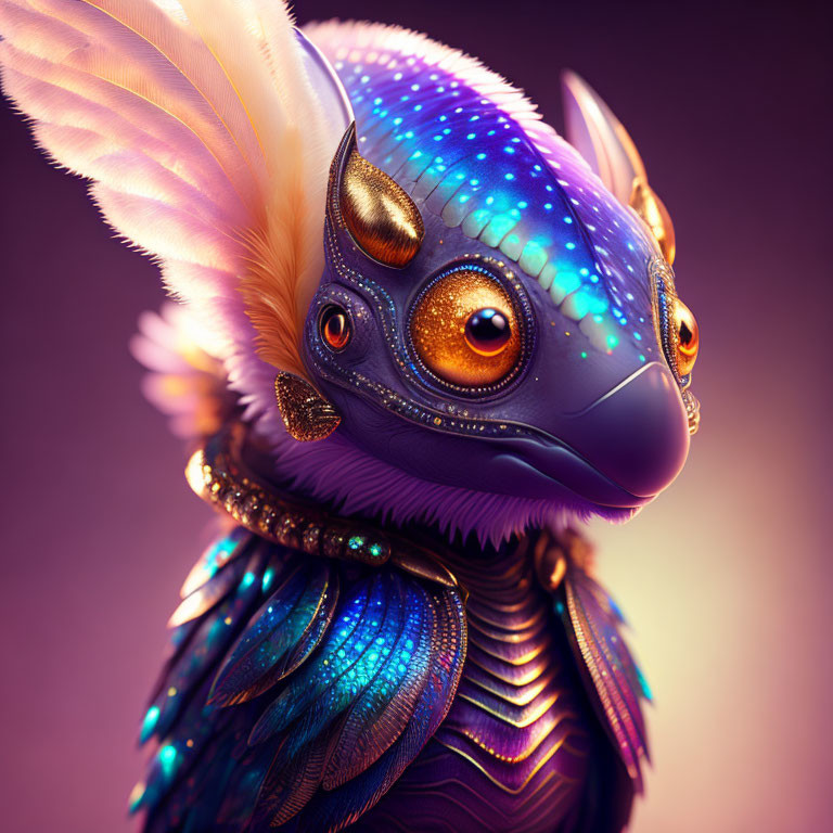 Iridescent Blue and Golden Fantasy Creature with Orange Eyes