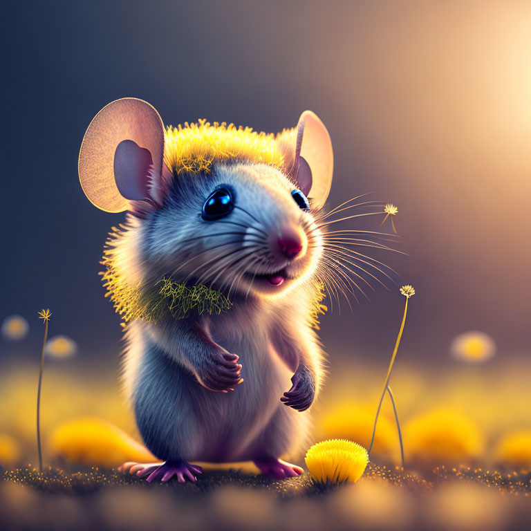 Animated mouse with large ears in yellow flower setting