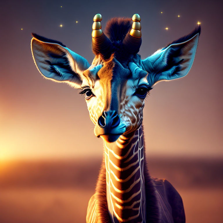 Digitally manipulated giraffe with glowing horns in sunset backdrop