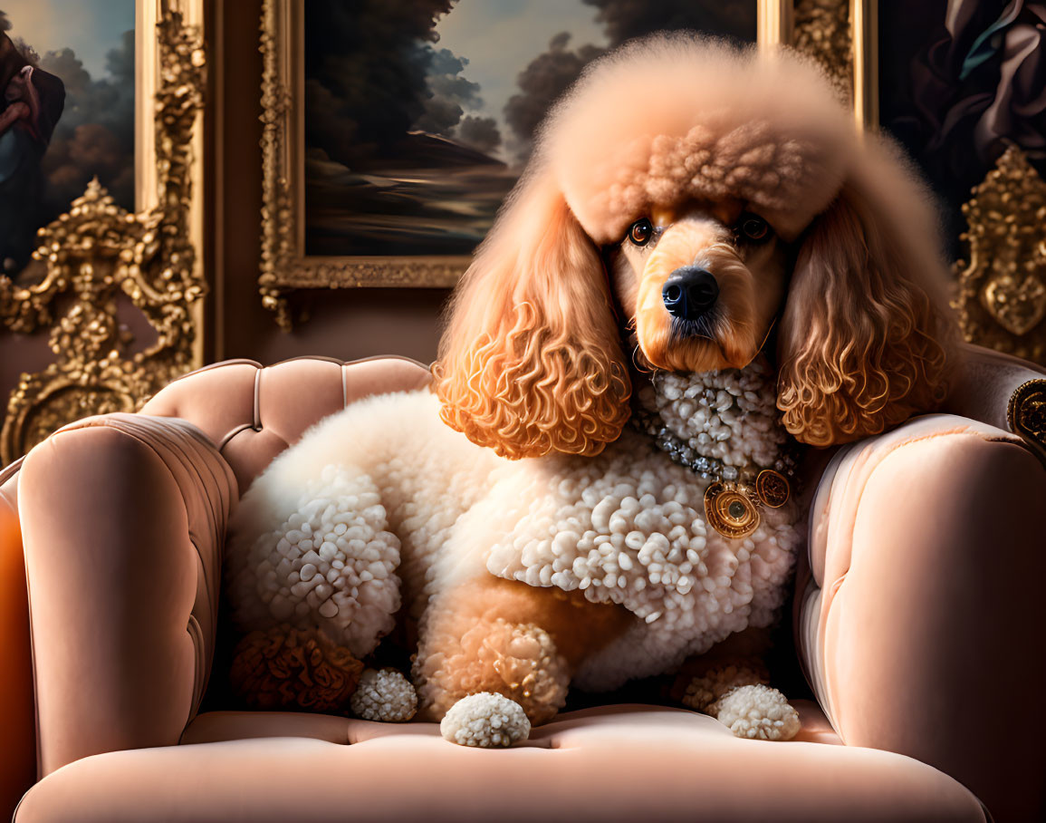 Regal poodle on elegant chair with pearl necklace and button