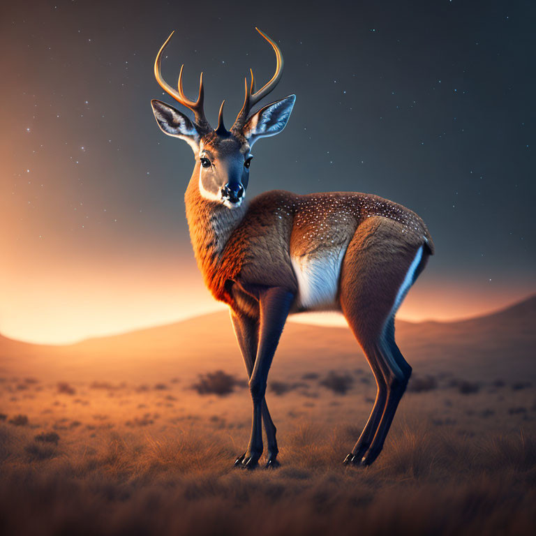 Majestic deer with antlers in twilight field under starry sky