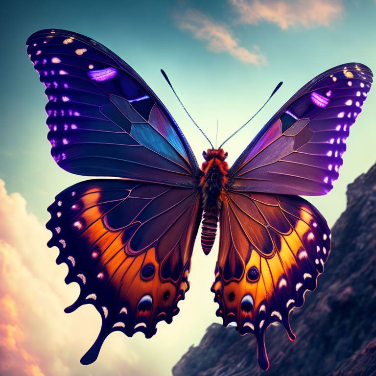 Colorful Butterfly with Purple and Orange Wings in Sunset Sky Scene