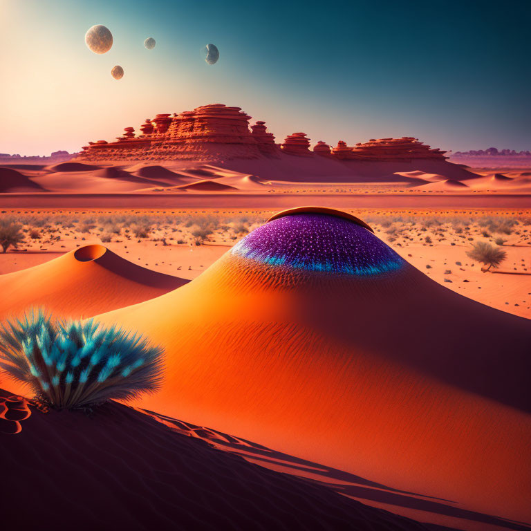 Vibrant blue and purple dome in surreal desert landscape