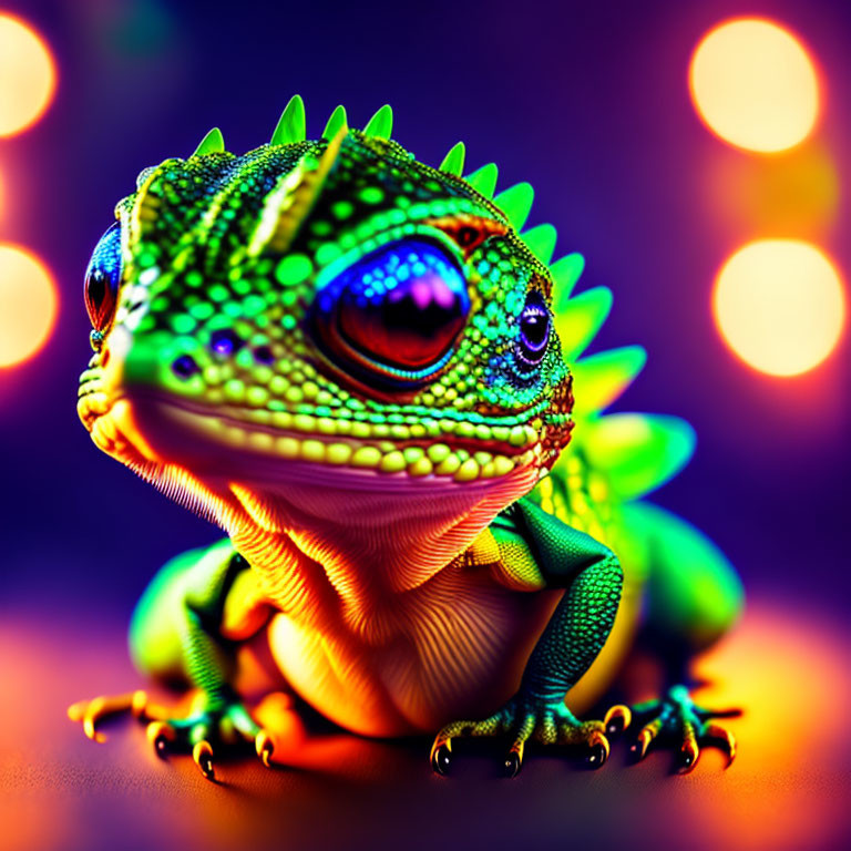 Colorful lizard close-up with vibrant textures and bright hues against bokeh backdrop