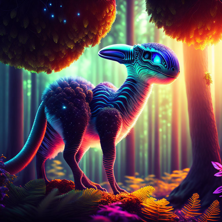 Colorful Neon Creature in Fantasy Forest Scene