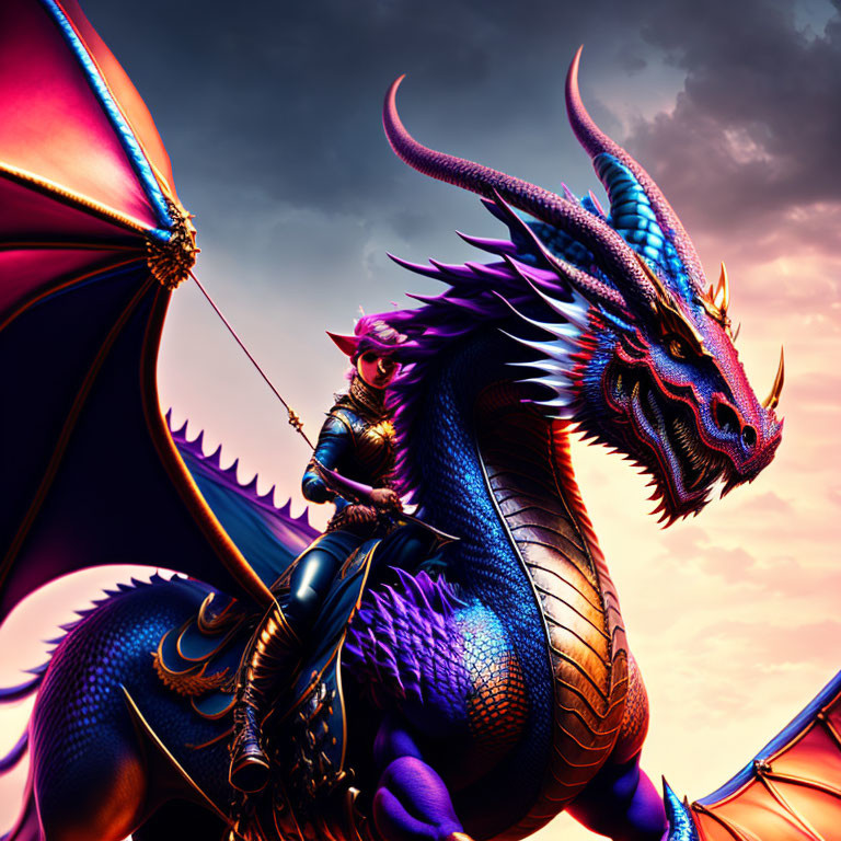 Blue Knight Riding Majestic Blue Dragon in Dramatic Sky