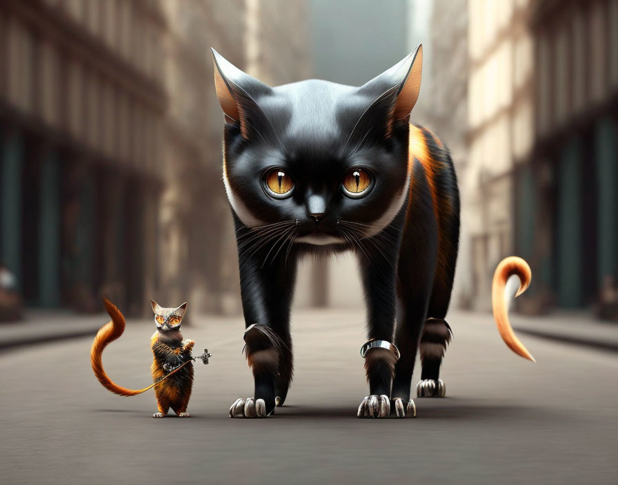 Stylized black cat meets miniature version with key in surreal scene