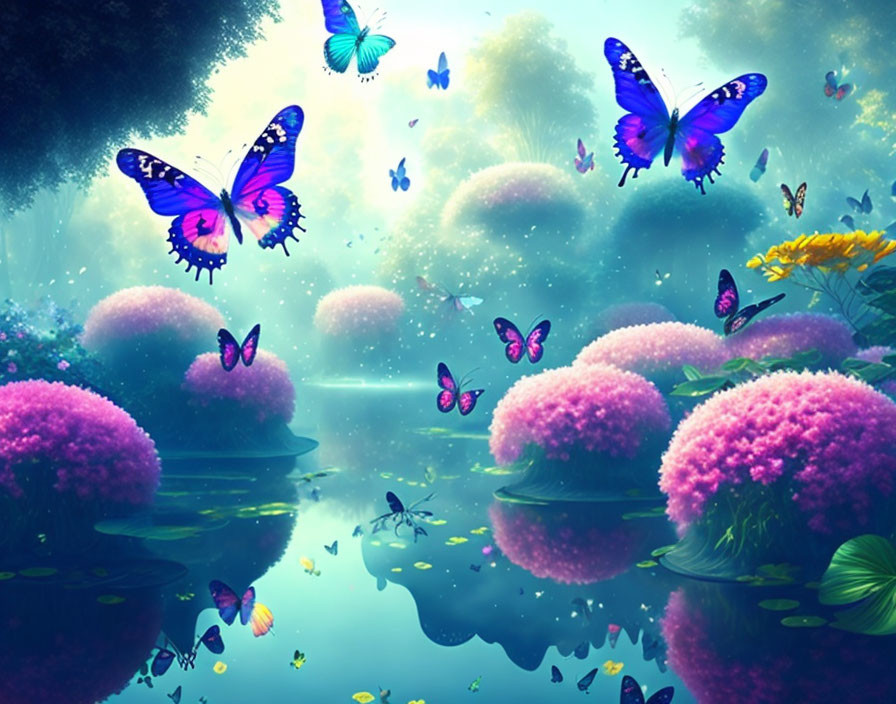 Mystical landscape with vibrant butterflies and pink flowers reflected in tranquil water