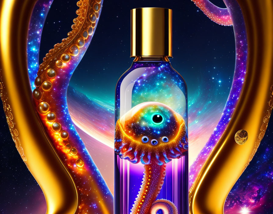 Surreal perfume bottle with octopus and cosmic background in golden swirls