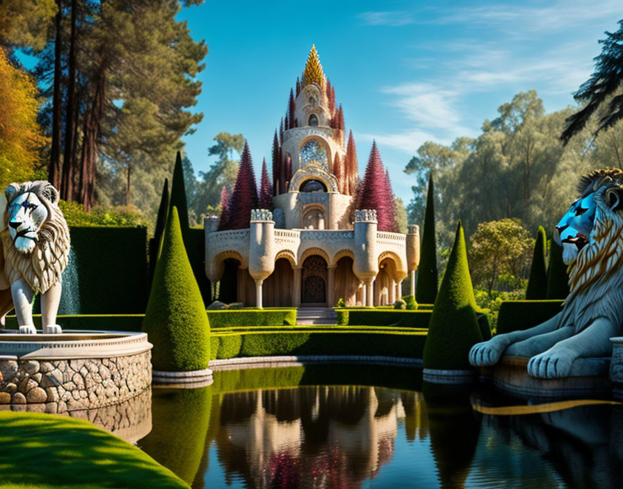 Majestic castle with spire roofs and lion statues in manicured gardens