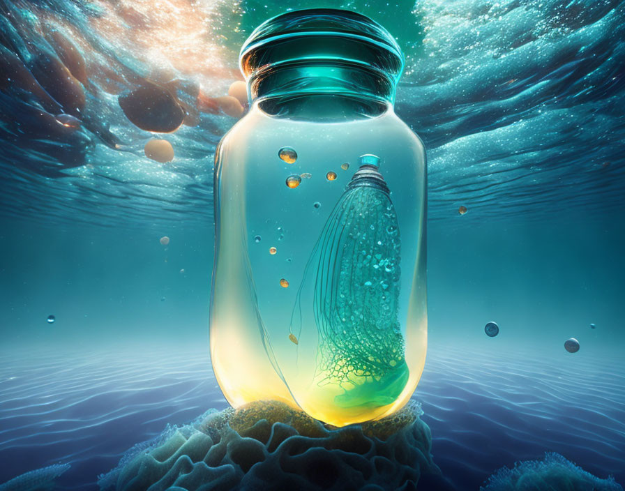 Surreal underwater scene with glowing jar, small bottle, bubbles, and coral in ethereal light