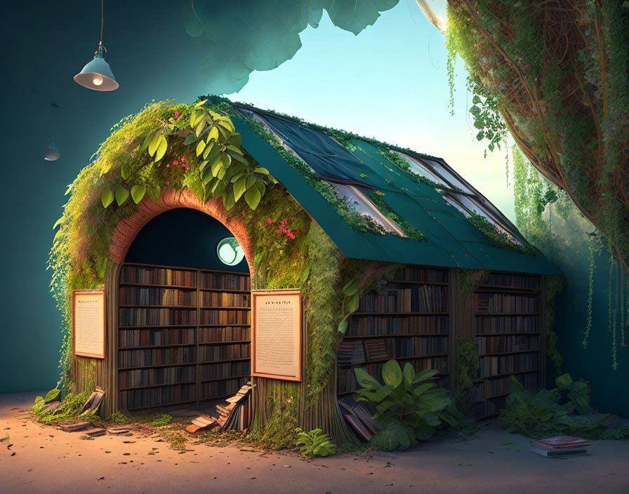 Ivy-covered cottage with book walls in forest setting