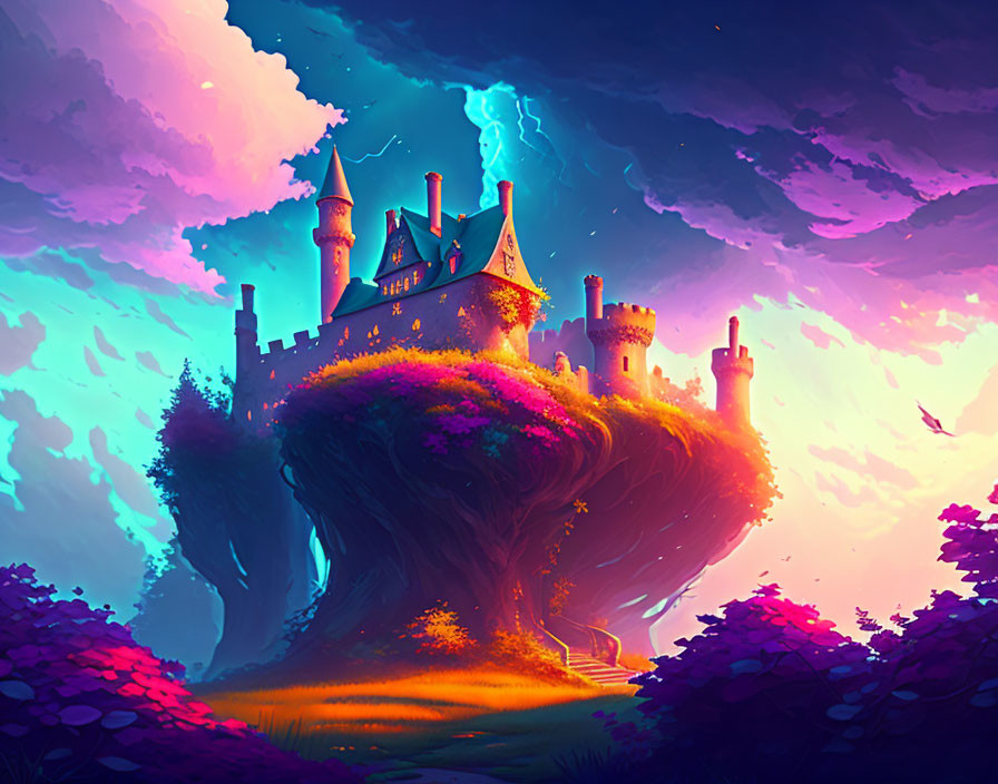 Fantasy Castle on Giant Tree with Twilight Sky and Lightning