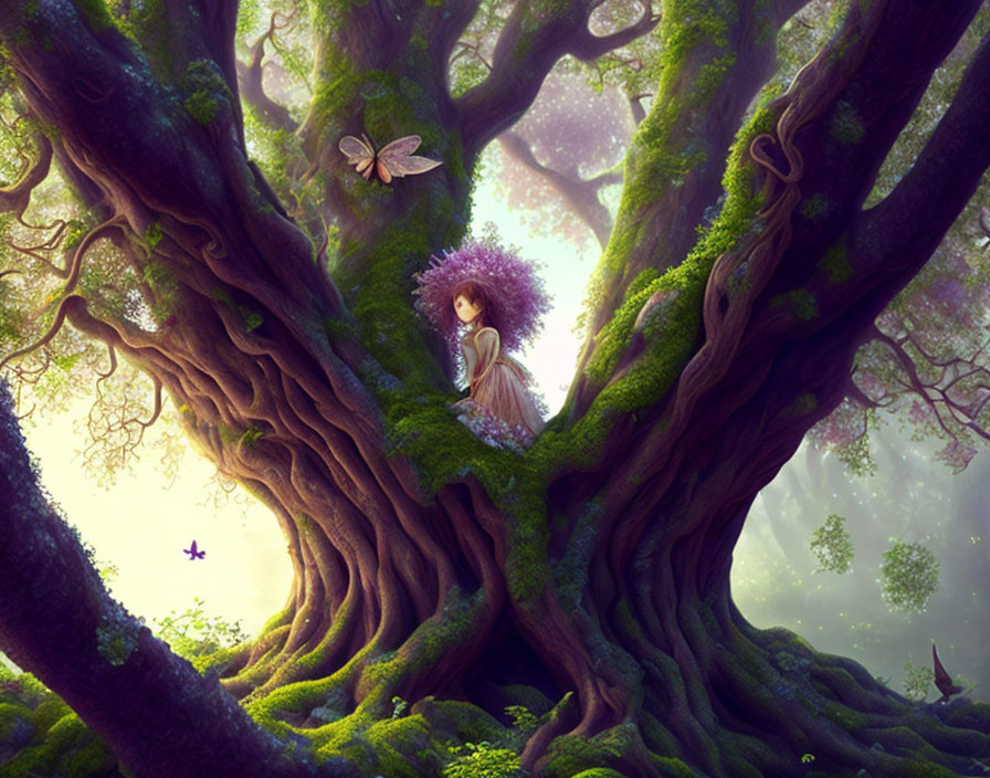 Girl in large flower hat by ancient tree in mystical forest with butterflies