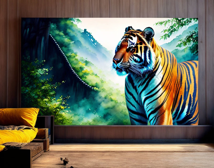 Vibrant tiger painting in modern room with jungle backdrop