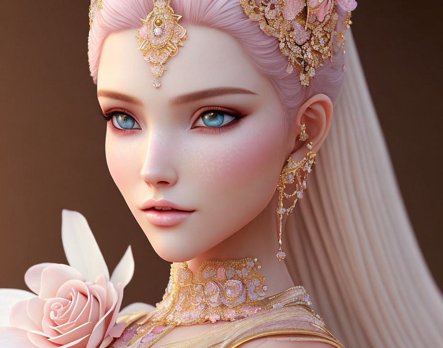 3D-rendered female character with pink hair and blue eyes holding a pink rose