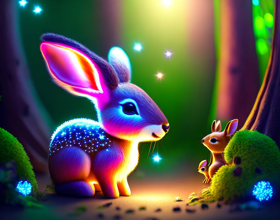 Glowing rabbit with illuminated ears and sparkles interacts with tiny squirrel in magical forest