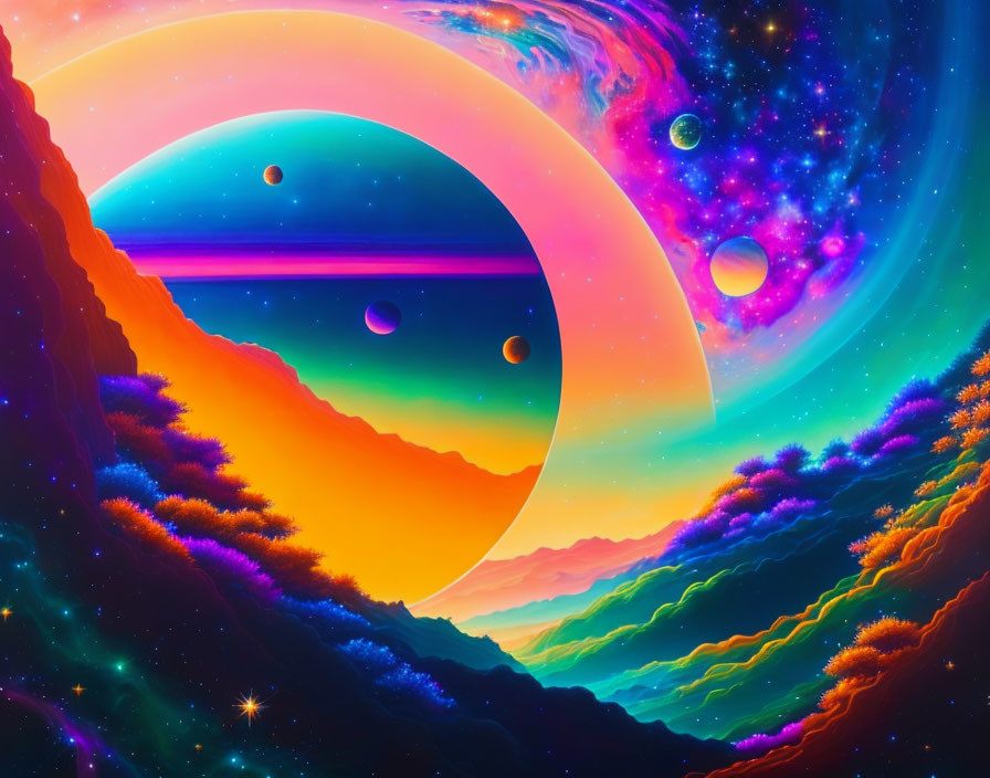 Colorful cosmic landscape with mountains, moon, planets, and stars in surreal space scene