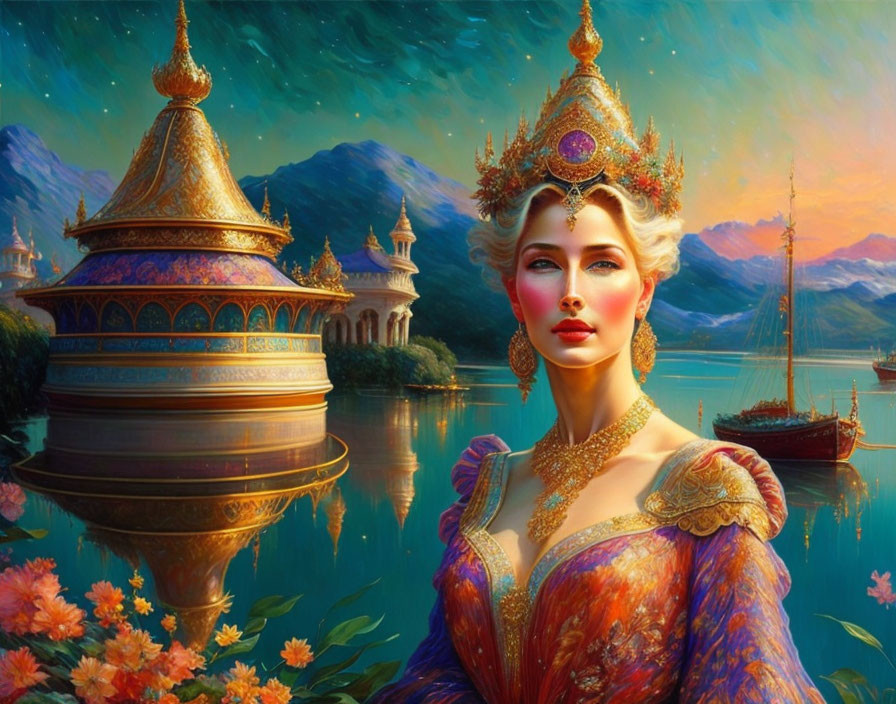 Regal woman with crown and ornate jewelry in majestic setting.