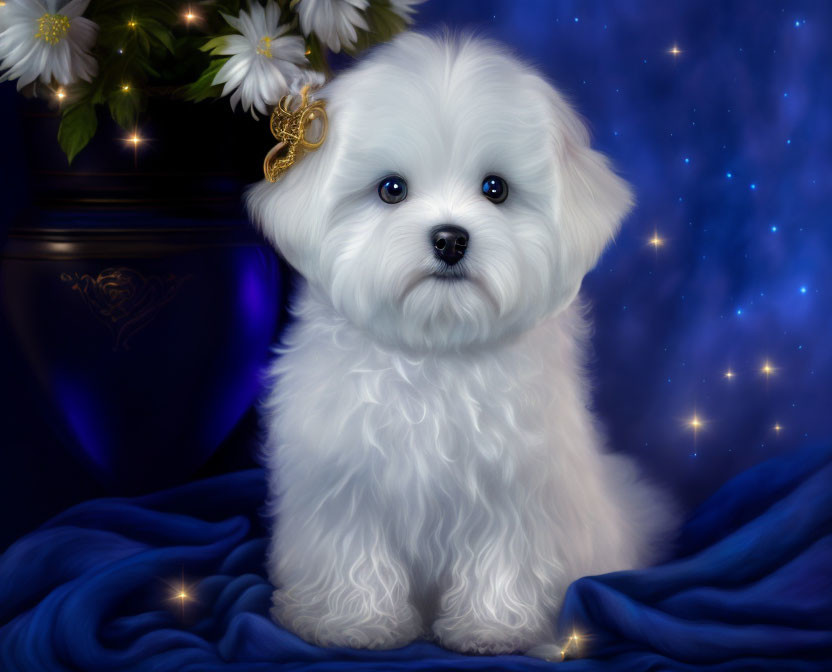 Fluffy white puppy on blue fabric with starry background and flowers