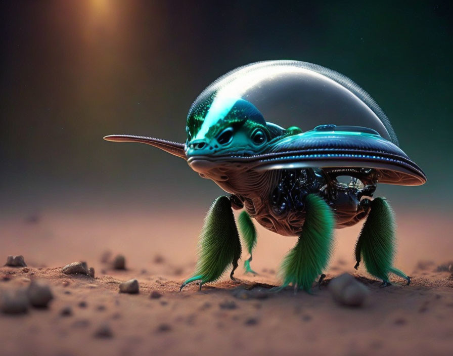 Shiny beetle-like creature with green hairy legs on sandy surface