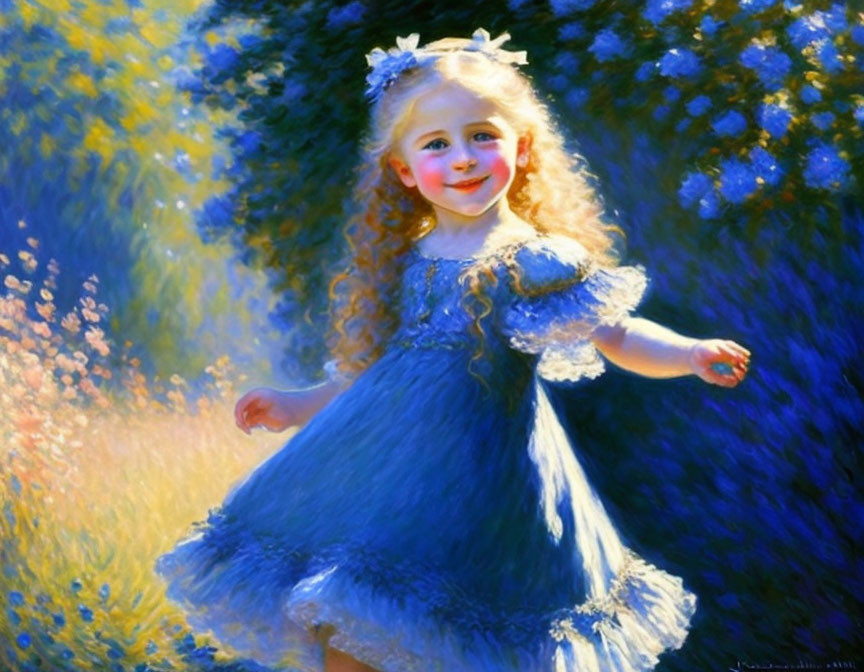 Young girl in blue dress twirling in sunny garden